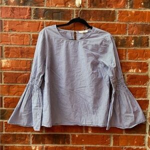 Beach Lunch Lounge Womens Medium Blue Stripe Bell Trumpet Sleeve Keyhole Top